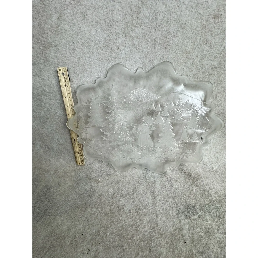 Clear Embossed‎ Glass Serving Platter Winter Scene Girl Trees Mountains Holiday